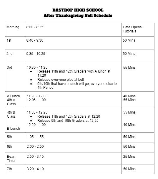 After Thanksgiving Bell Schedule